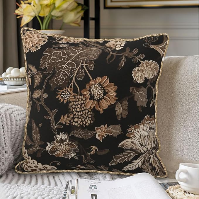 Vintage Black Floral Leaves Velvet Pillow Covers 18x18 Inch Brown Beige Tan Boho Flowers Throw Pillows For Couch Cushion Covers Pillowcase Farmhouse Bohemian Pillow Cases for Sofa Bed Bedroom