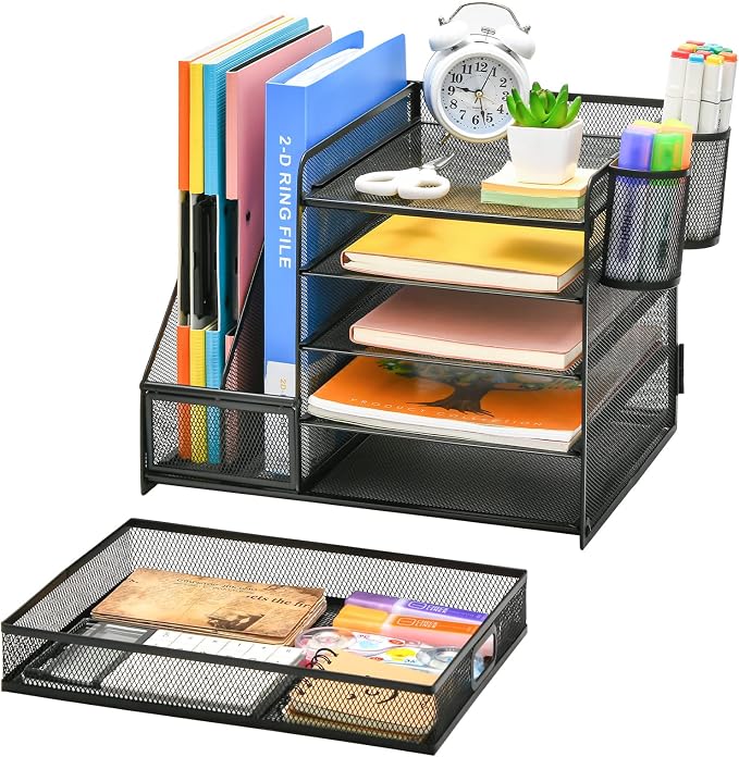 Marbrasse Desk Organizer with File Holder, 5-Tier Paper Letter Tray Organizer with Drawer and 2 Pen Holder, Mesh Desktop Organizer and Storage with Magazine Holder for Office Supplies(Black)