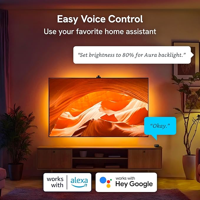 Aura Labs Smart TV Backlight Sync to Screen for 70-85 Inch TV - Camera-Based Color Match - Backlighting for TV - Voice and App Control - RGB LED Strip Light - LED Lights for TV