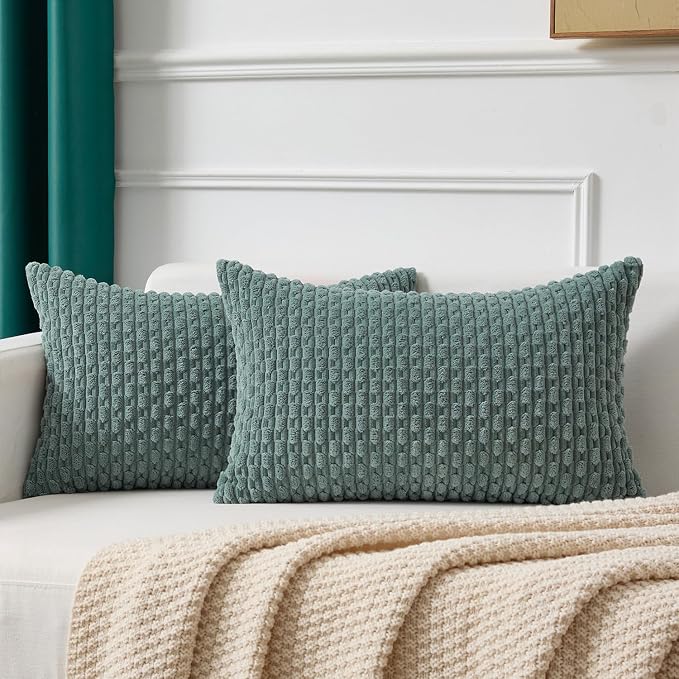 Kevin Textile Soft Corduroy 14"x24" Lumbar Pillow Cover 1 Pack, Teal Green | Boho Stripe Plush Corduroy Decorative Oblong Cushion Cover Modern Farmhouse Home Decor for Sofa Couch Bed Chair