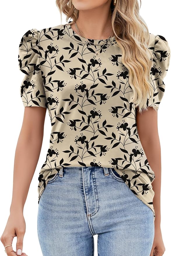 Ivicoer Puff Short Sleeve Shirt for Women Eyelet Tops Summer Crewneck Blouse Loose Fit S-XXL