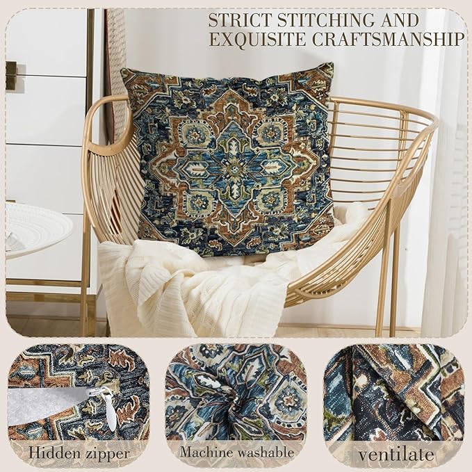 Boho Throw Pillow Covers 16x16 inch Set of 2,Bohemian Vintage Carpet Pattern Antique Ethnic Decor Double Sided Pattern Cushion Cover Soft Pillow Case Living Sofa Room Bed Square Pillow Cover