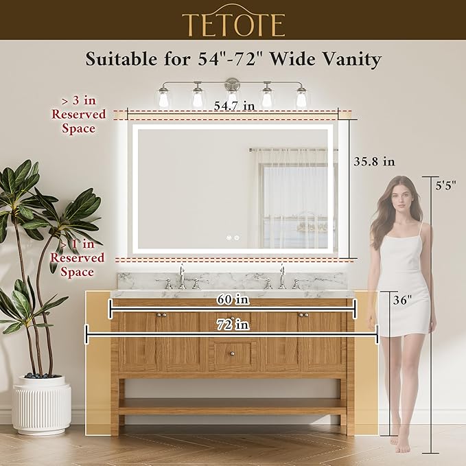 TETOTE 55 x 36 LED Light up Bathroom Mirror, Brighter Lighted Bathroom Vanity Mirror with Led Lights, Front and Backlit 3-Color Dimmable Anti Fog Illuminated Mirror, Waterproof, Shatterproof