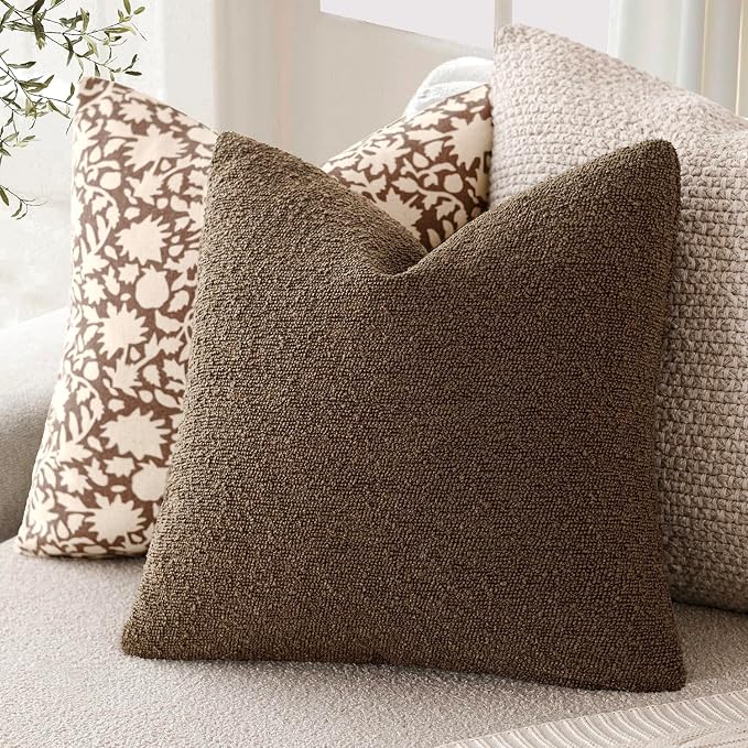 Foindtower Set of 2, Decorative Textured Boucle Throw Pillow Covers Accent Solid Pillow Cases Neutral Soft Couch Cushion Case for Chair Sofa Bedroom Living Room Home Decor 26x26 Inch Chocolate