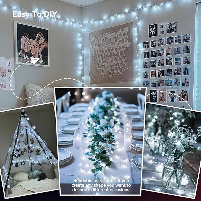 4 Pack 240LED Christmas Cool White Fairy Lights Battery Operated - 20FT Twinkle Lights with 2 Lighting Modes Indoor Outdoor, Waterproof Led Fairy String Lights for Bedroom, Classroom, Dorm, DIY Decor