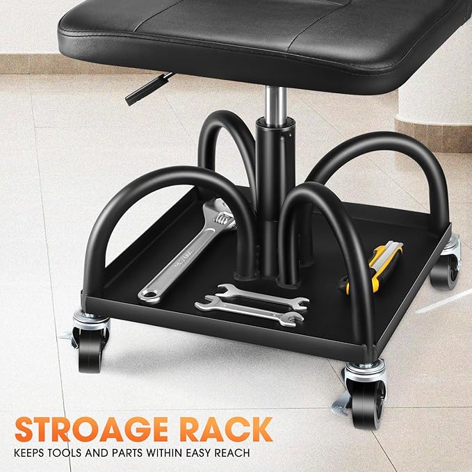 DNA Motoring Rolling Padded Seat Adjustable Height Seat 330lbs Capacity Rolling Mechanic Creeper Stool, W/Tool Storage Drawer & Tray, Black, TOOLS-00600
