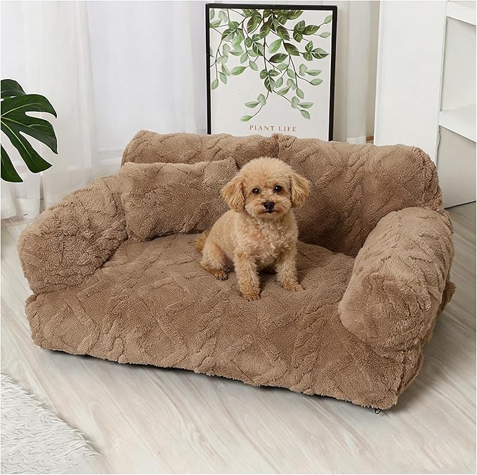 Plush Calming Pet Sofa Bed, Raised Rim, Removable Cover & Non-Slip Bottom for Cats & Dogs, Calming Dog Bed Fluffy Plush Dog Mat for Furniture Protector with Removable Washable Cover (Khaki, Medium)