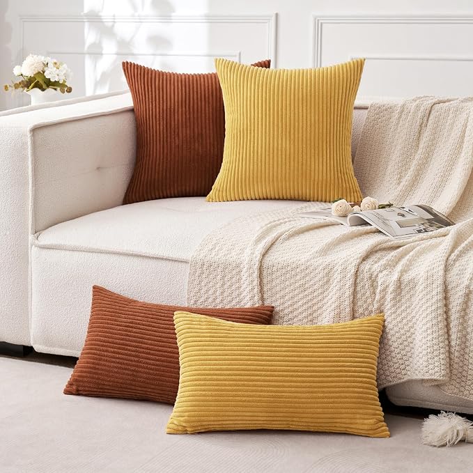 MIULEE Fall Decorative Corduroy Throw Pillow Covers Set of 2 18x18 Gold | Soft Striped Textured Cushion Cases, Boho Rustic Square Pillowcases Neutral Home Decor, for Couch Chair Sofa Bed Living Room