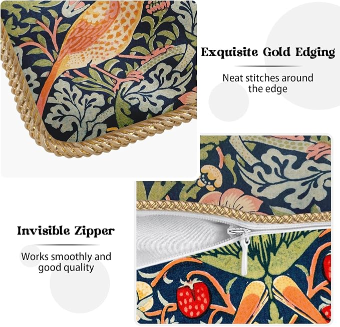 KSLIDS Navy Blue Sage Green Soft Velvet Throw Pillow Covers Set of 2 Red Strawberry Floral Bird Decorative Pillow Covers 16x16 Inch Vintage Chinoiserie Pillow Case for Sofa Couch Farmhouse Home Decor