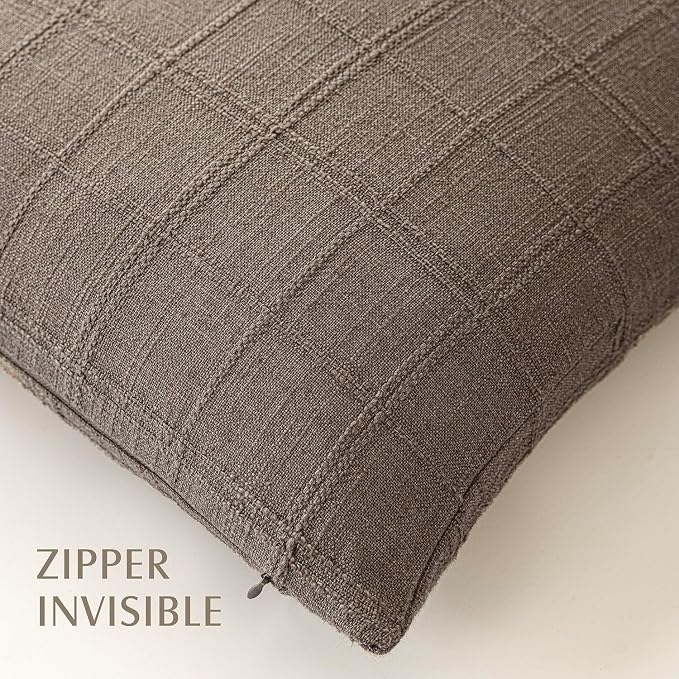 Foindtower Set of 2 Decorative Linen Check Throw Pillow Covers Neutral Farmhouse Vintage Cushion Covers Modern Boho Home Decor for Sofa Chair Couch Bedroom Living Room,26×26 Inch,Taupe Grey