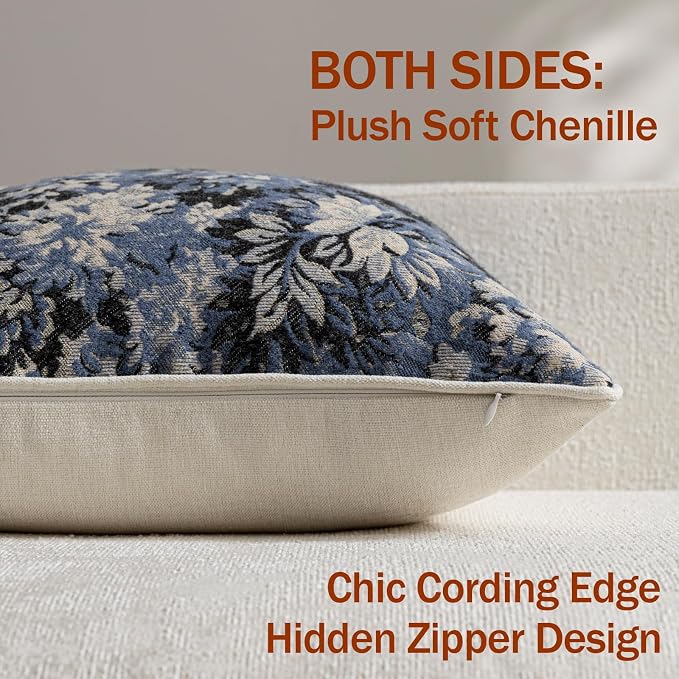 Pack of 2 Vintage Floral Euro Sham Covers 24x24 Boho Farmhouse Accents Chenille Square Decorative Throw Pillow Cases for Living Room Couch Bed Home Decor, Dusty Blue
