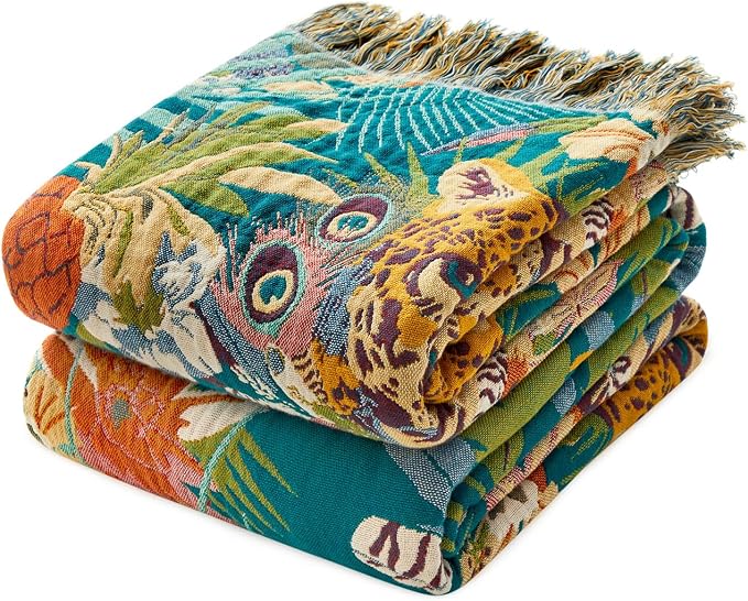 LUTBM Boho Throw Blanket for Couch 50"x60", Cotton Decorative Bed Throws | Reversible Leopard Jacquard, All-Season Muslin Blanket, For Chair Sofa Living Room, Lightweight & Breathable, Whimsical Decor