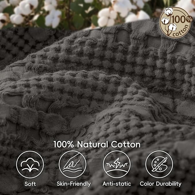PHF 100% Cotton Waffle Blanket Twin Size, Lightweight Breathable Summer Blanket for Hot Sleepers, Pre-Washed Soft Layer for Bed, Dorm, Couch & Guest Room, Home Decor Gift, 66"x90", Charcoal Grey