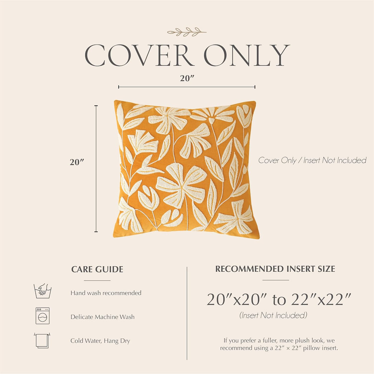 BlissBlush Throw Pillow Cover 20x20 Inch, Mustard Floral Tufted Velvet Decorative Accent Pillow Case for Sofa Bed Living Room, Cover Only