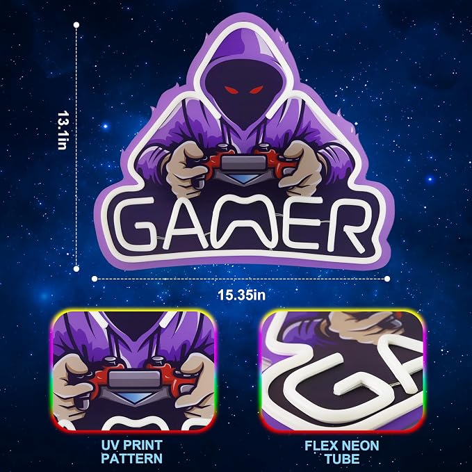Kavaas Gamer Neon Sign, UV Printed Gaming Neon Sign for Gamer Room Decor - LED Video Game Neon Lights for Bedroom Boys, Gaming Wall decor - Best Gamer Gifts for Teenage Boys, Christmas