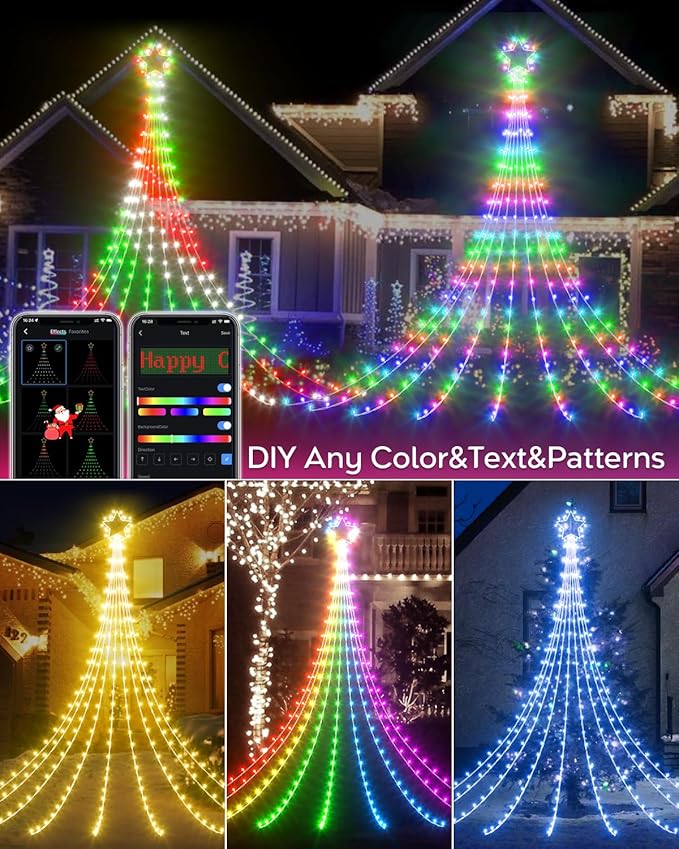 23FT Outdoor Christmas Decorations Star String Lights, Smart RGB Led Tree Lights Waterfall DIY Preset Scenes App Remote Control Large Unique Yard Lights for Outside Roof Home Xmas Holiday Decor