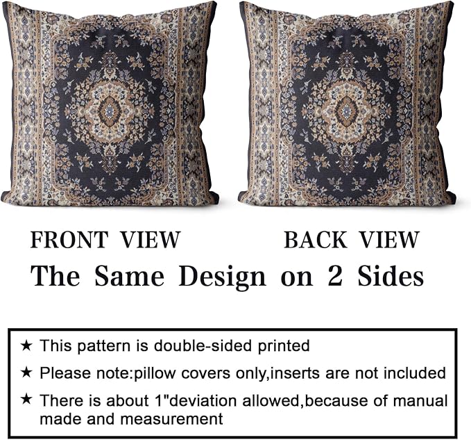 Snycler Boho Throw Pillow Covers 18x18 inch Set of 2 Black Medallion Border Area Rug Double Sided Pattern Cotton Soft Pillow Case Cushion Cover Pillowcase for Couch Sofa Bed Decorative