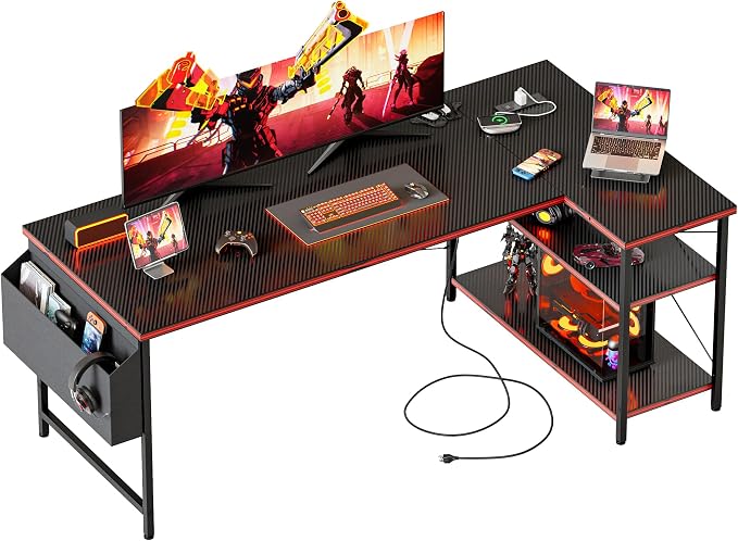 Mericonia 55 inch L Shaped Gaming Desk, Large Corner Desk with Shelves | Reversible Computer Desk with Power Outlets & Storage Bag, Office Table for Home Bedroom Study Work Writing