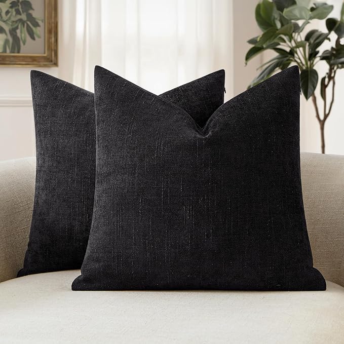MIULEE Textured Chenille Throw Pillow Covers 20x20 Inch Black | Pack of 2 Decorative Soft Throw Pillows, Solid Textured Cushion Covers, Modern Home Decor for Couch Sofa Bedroom Living Room