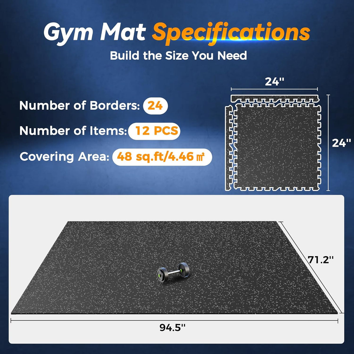 SUPERJARE Extra-Thick Rubber Exercise Mat - Interlocking Gym Flooring Tiles, 12 Pcs, 48 Sq Ft, Black/Grey
