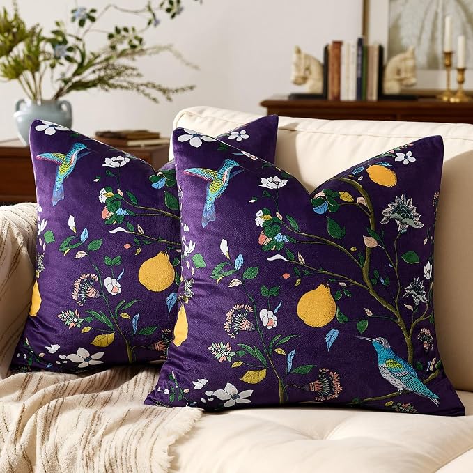 MUSSEL Purple Velvet Floral Decorative 16x16 Pillow Covers Set of 2 | Soft Durable and Sturdy,Bird Plant,Throw Pillows Case,Square,Colorful Modern Cushion Covers,Home Sofa Bed Couch Decor