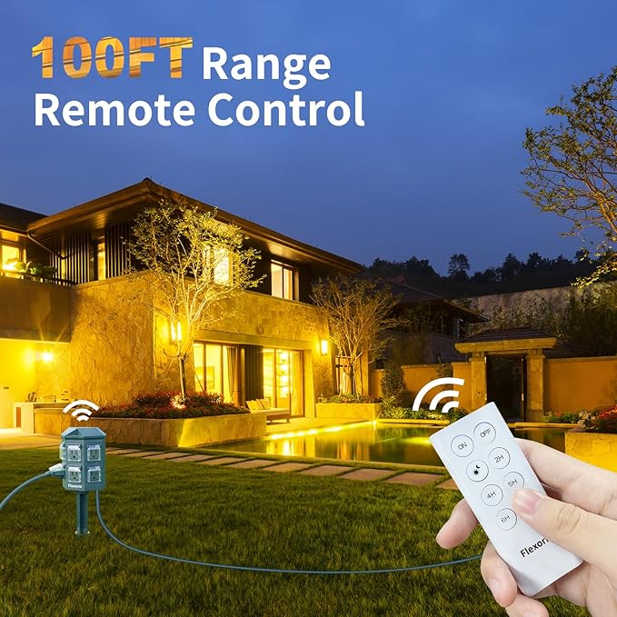 Outdoor Power Stake Timer, Remote Control Dusk to Dawn Light Timer, 30FT Extension Cord Waterproof, 6 Grounded Outlets for Graden and Yard Decorations, ETL Listed