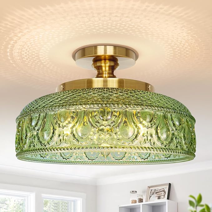 Lamomo Semi Flush Mount Ceiling Light, Upgraded Larger Green Hallway Light Fixture, 3-Bulb Globe Glass Close to Ceiling Scone, Indoor Hanging Light for Bedroom Kitchen Porch Hallway,Bulbs Not Included