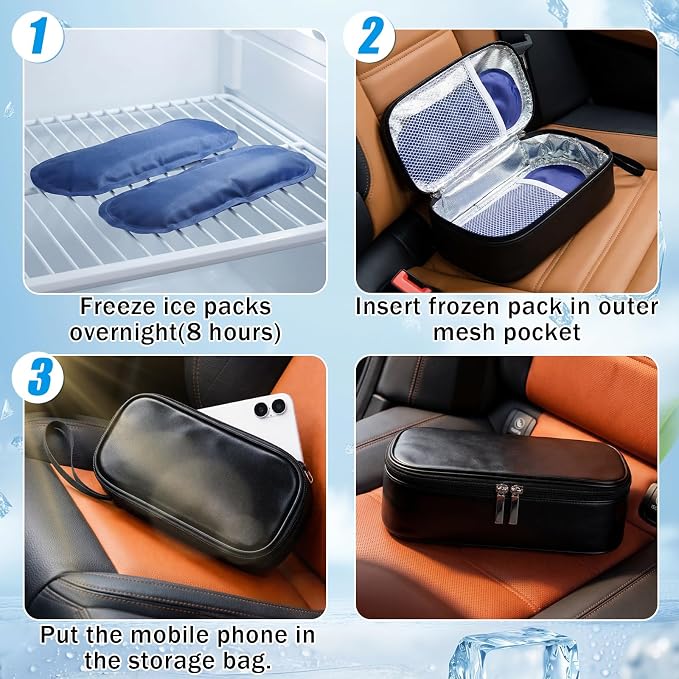 Phone Cooler Bag for Beach, Portable Phone Cooling Pouch with 2 Reusable Ice Packs, Keeps Cool in Extreme Heat for Car Pool Hiking, Extends Battery Life, Fits All Smartphones(Black,PU)