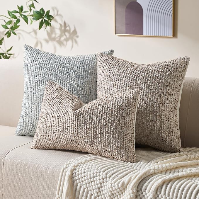 Allorry Soft Wool Decorative Throw Pillow Covers 22x22 Beige SY011A22 | Cozy Soft Touch,Neutral Textured Boho Cushion Covers for Modern Farmhouse Sofa Bedroom Living Room Decor