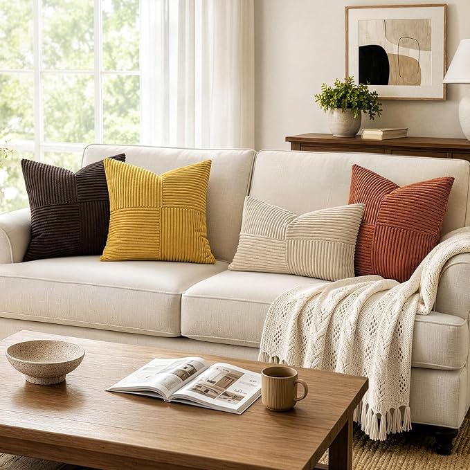 MIULEE Mustard Yellow Decorative Throw Pillow Covers for Couch 20x20 Inch | 2 Pack, Boho Farmhouse Pillow Covers, Soft Cross Corduroy Patchwork Textured Cushion Cases For Bed Sofa