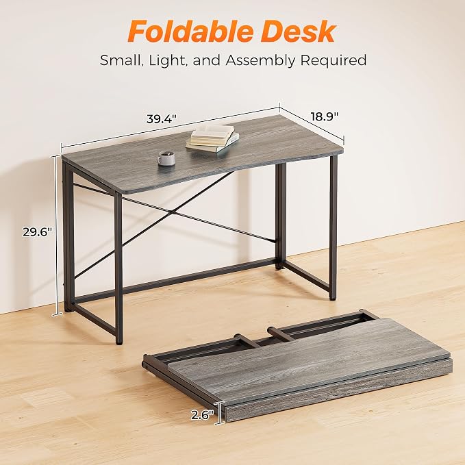 Huuger Folding Desk for Small Spaces, 31.5 Inch Foldable Computer Table, Easy Assembly, for Home Office, Study, Bedroom, Dorm, Space Saving, Small Writing Work Office Computer Desk, Grey