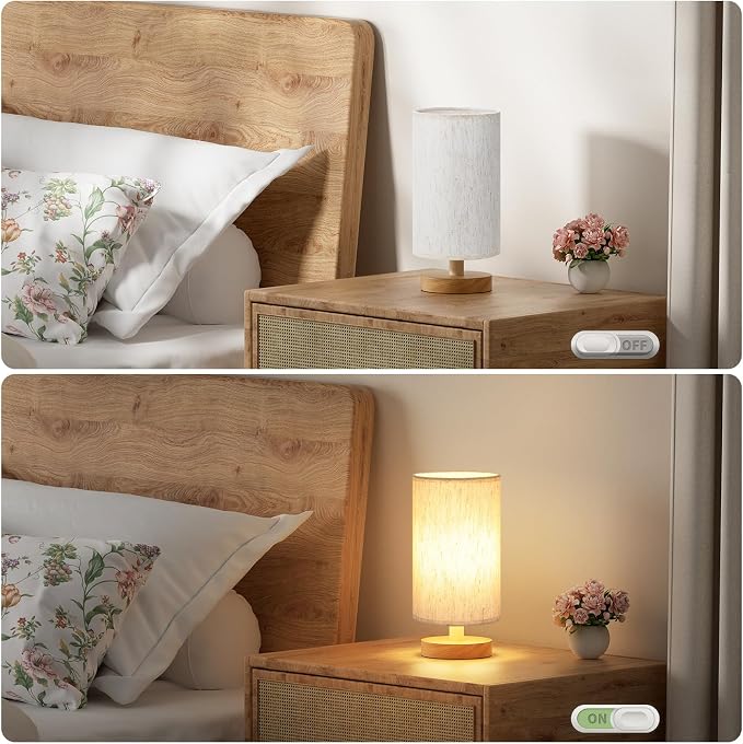 Fenmzee Small Lamps Set of 2 (Cream Shade - Wood Base, 9" Inline Control) | Two 3000K LED Blubs Included | 680 Lumens | Easy Assembly | Minimalist Design | E26 | for Kitchen | for Kids Room
