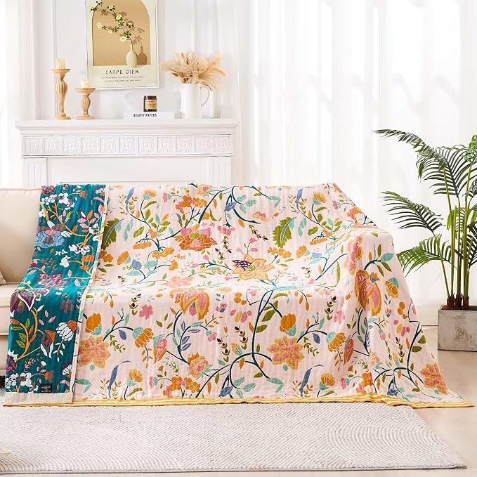 XIBLC Boho Throw Blanket for Bed, 100% Cotton Soft Rustic Quilt Fall Blanket, 80" 90" Floral Printed Farmhouse Decor Bed Blankets, All Season Rustic Reversible Bohemian Throw Quilt