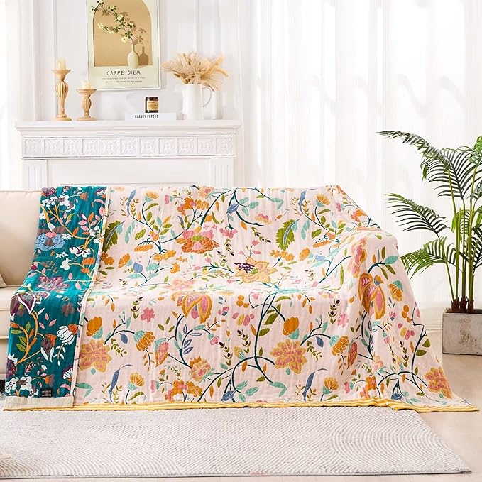 XIBLC Boho Throw Blanket for Bed, 100% Cotton Soft Rustic Quilt Fall Blanket, 90"x98" Floral Printed Farmhouse Decor Bed Blankets, All Season Rustic Reversible Bohemian Throw Quilt