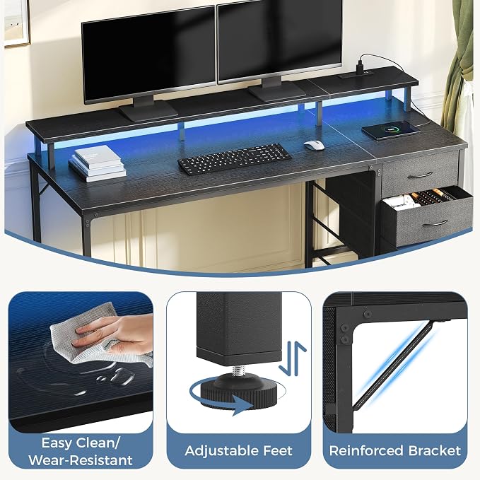 DUMOS 40-Inch Gaming Desk with Power Outlets and LED Lights, Black | Computer Desk with 4 Storage Drawers, Home Office Desk with Monitor Stand, Small Desk for Bedroom Study