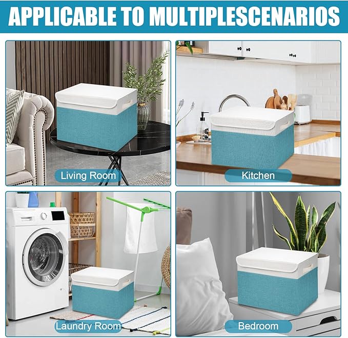 Large 17" 42 Quarts Collapsible Stackable Storage Bins with Lids [3-Pack] Foldable Fabric Linen Storage Boxes Cube, Closet Organizer Baskets with Label for Home (16.7 x 12 x 12", Teal & White)