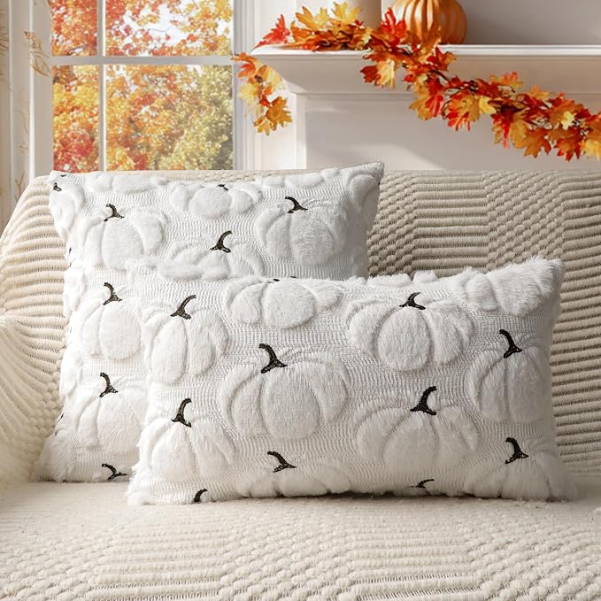 Fall Pumpkins Decorative Pillow Covers 20x20 Set of 2, White Soft Plush Faux Fur Wool Farmhouse Throw Cushion Cases for Autumn Thanksgiving Holiday Home Decorations