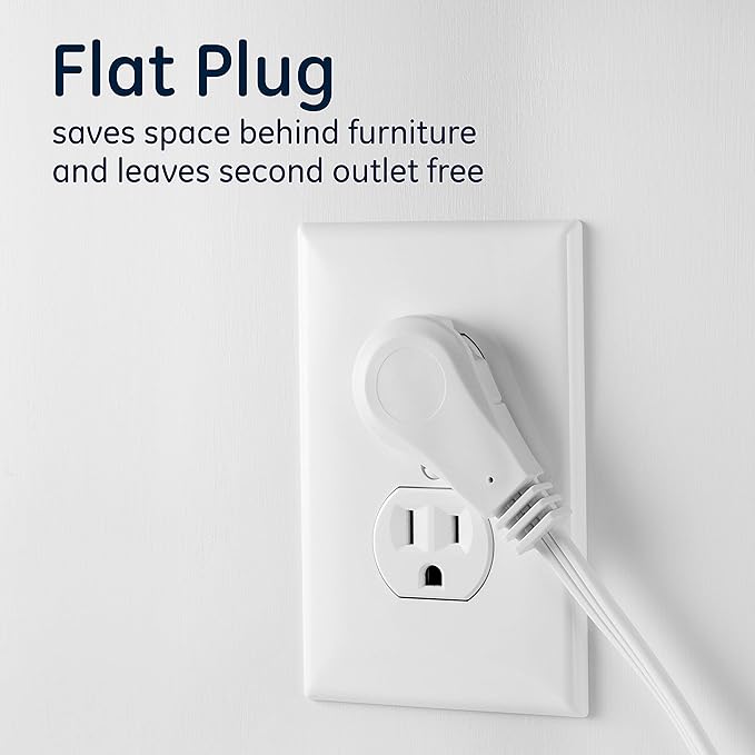 GE 3-Outlet Flat Extension Cord 15 Ft Grounded Extension Cord with Multiple Outlets 3 Prong Outlet Extender Flat Plug Power Strip Indoor 16 Gauge UL Listed White 56986
