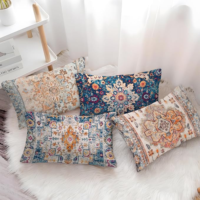 Boho Throw Pillow Covers 12x20 inch Set of 2,Boho Vintage Carpet Pattern Antique Ethnic Decor Double Sided Pattern Cushion Cover Soft Pillow Case Living Sofa Room Bed Square Pillow Cover