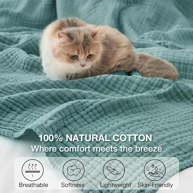 100% Cotton Muslin Blanket 40" x 40", Breathable and Lightweight Cotton Throw Blankets, Soft Cooling Summer Gauze Blanket for All Season, Teal Blue