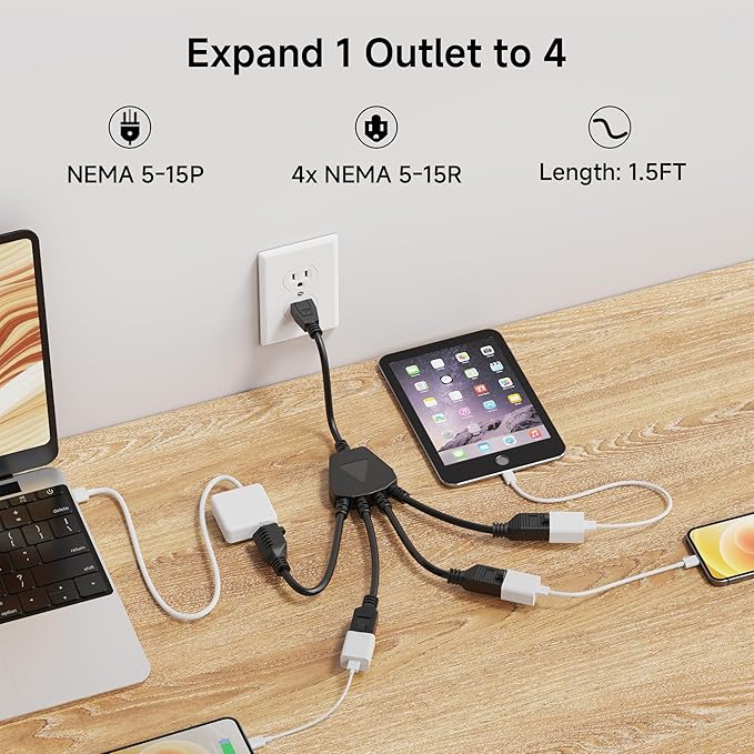 Cable Matters 2-Pack 4 Outlet Power Splitter Cord - 1.5ft, NEMA 5-15P to NEMA 5-15R Y Power Cord Splitter, 16 AWG Outlet Saver, 4 Way ExtensionCord, 1.5 Feet