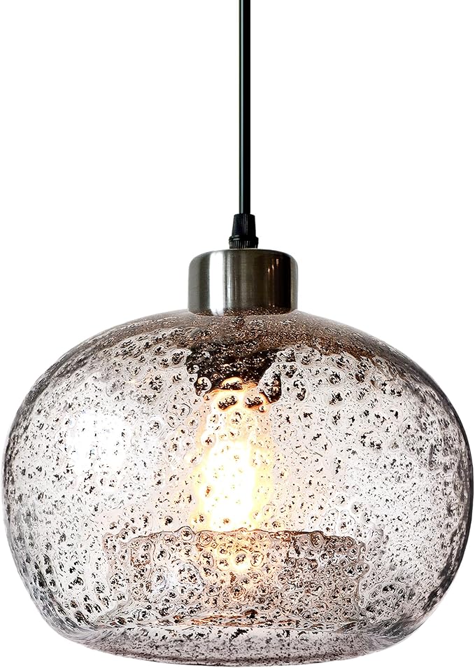CASAMOTION Pendant Lighting Handblown Glass Drop Ceiling Lights, Modern Rustic Hanging Light Clear Seeded Glass with Black Sand Powder, Brushed Nickel Finish 8.7 Inch Diameter