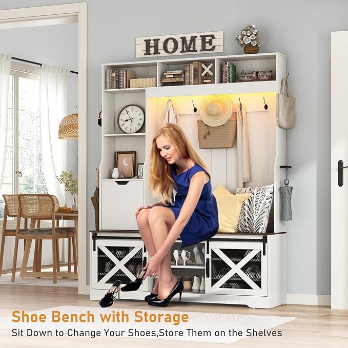 75''H LED Farmhouse Hall Tree with Bench and Shoe,Entryway Bench with Coat Rack,16 Shoe Cubbies & Umbrella Holder and Sock Storage Drawer,Mudroom/Hallway Storages Cabinet(White)