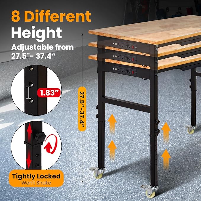 60" Adjustable Workbench with Drawer, 2000 LBS Heavy Duty Work Bench with Power Outlet and Fixed Legs, Sturdy Steel Frame with Rubber Wood Top, Work Table for Garage, Office, Home, Commercial