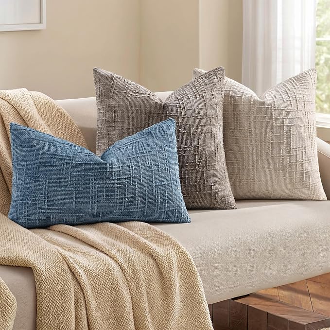 decorUhome Textured Chenille Throw Pillow Covers 20x20 Set of 2 Ivory | Fall Modern Farmhouse Soft Cozy Slubby Couch Pillow Cases Boho Decorative Pillow Cases for Bed Sofa Living Room Home Decor