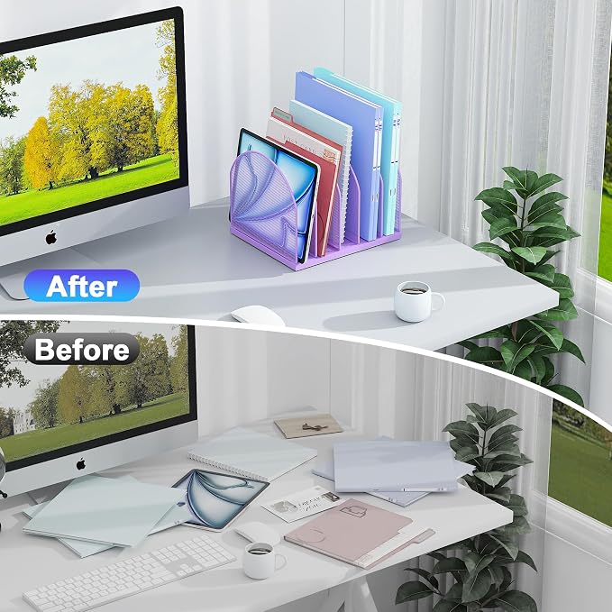gianotter Desktop File Organizer with 5 Compartments | Desk Organizer Paper Organizer for Desk Workspace Organizers for Office Supplies (Purple, Upright Style)