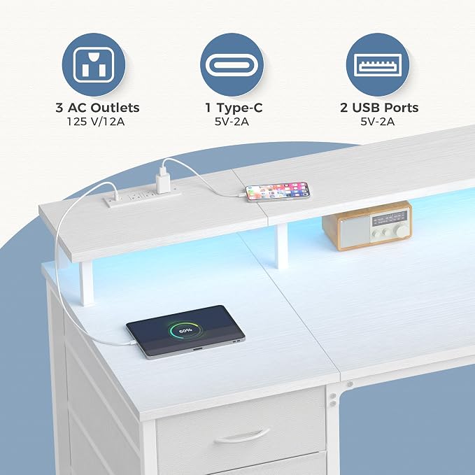 DUMOS 40-Inch Gaming Desk with Power Outlets and LED Lights, White | Computer Desk with 4 Storage Drawers, Home Office Desk with Monitor Stand, Small Desk for Bedroom Study