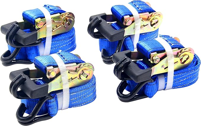 HFS(R) 4PC 1-1/2" x 15 ft Heavy Duty Ratchet Cargo Tie Down Straps 3000lbs Dual J-Hooks (Blue)