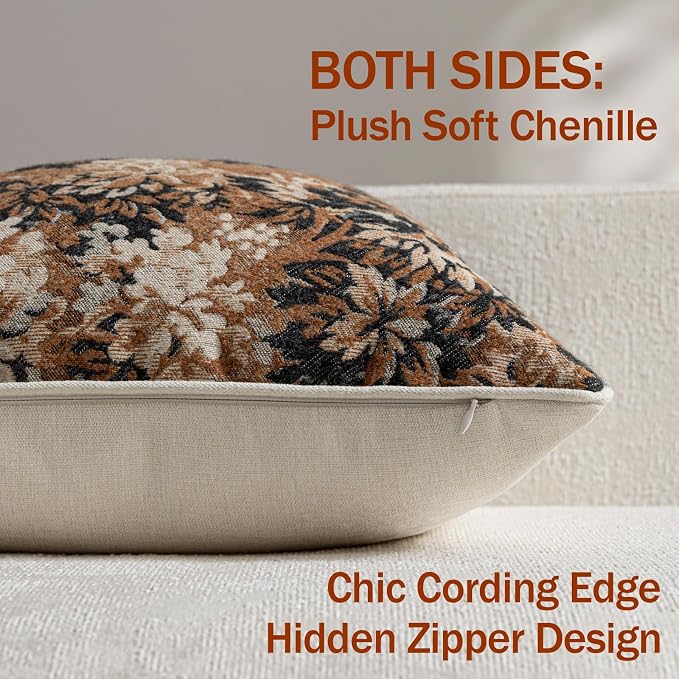 Pack of 2 Vintage Floral Throw Pillow Covers 20x20 Boho Farmhouse Accents Chenille Square Decorative Pillow Cases for Living Room Couch Bed Home Decor, Cognac