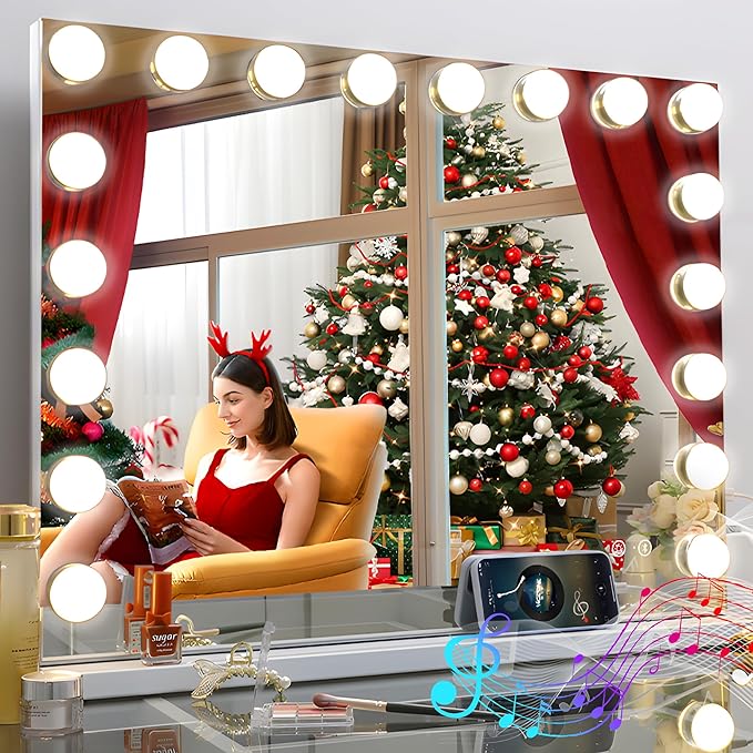 Fenair Large Vanity Mirror with Lights and Speaker Hollywood Lighted Makeup Mirror with Sturdy Base, 18 Dimmable LED Bulbs, 3 Light Colors, USB Charge Port